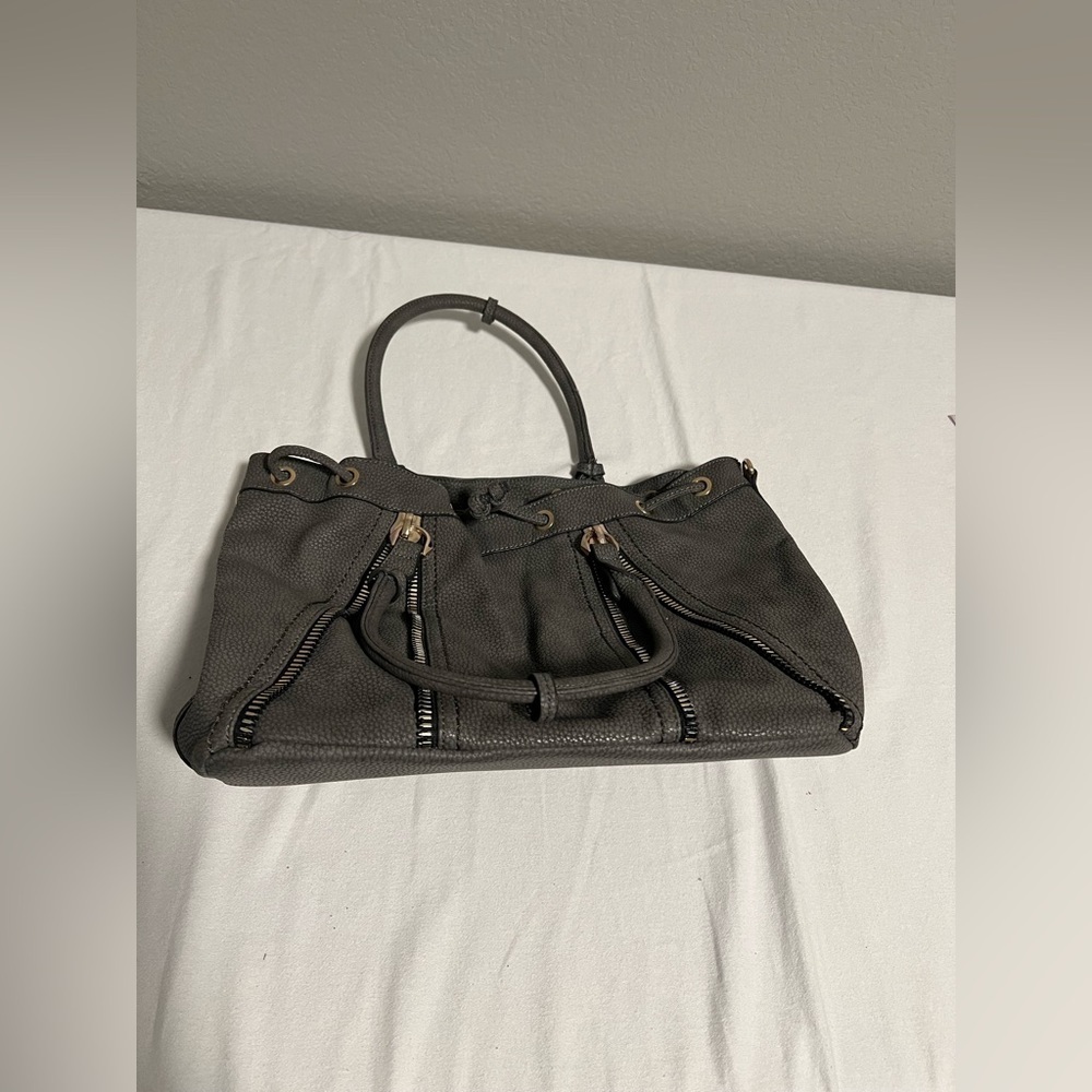 Gussaci Drawstring Shoulder Bag Purse Gray With Zipper Detail